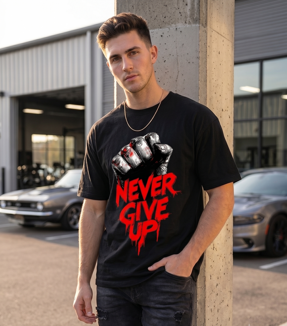 Never Give Up Clenched Fist Graphic T-Shirt | Premium Motivational Athletic Top